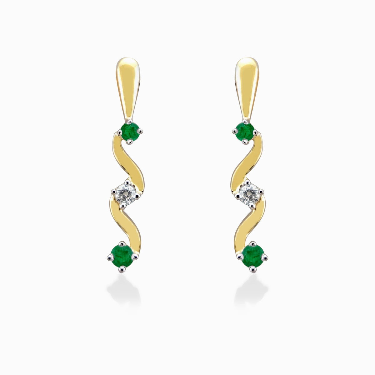 9ct gold trilogy swirl emerald &amp; diamond earrings 0.25ct