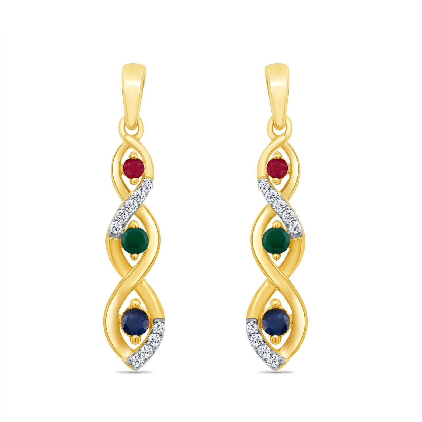 9ct gold ruby/sapphire/emerald & diamond drop earrings 0.04ct