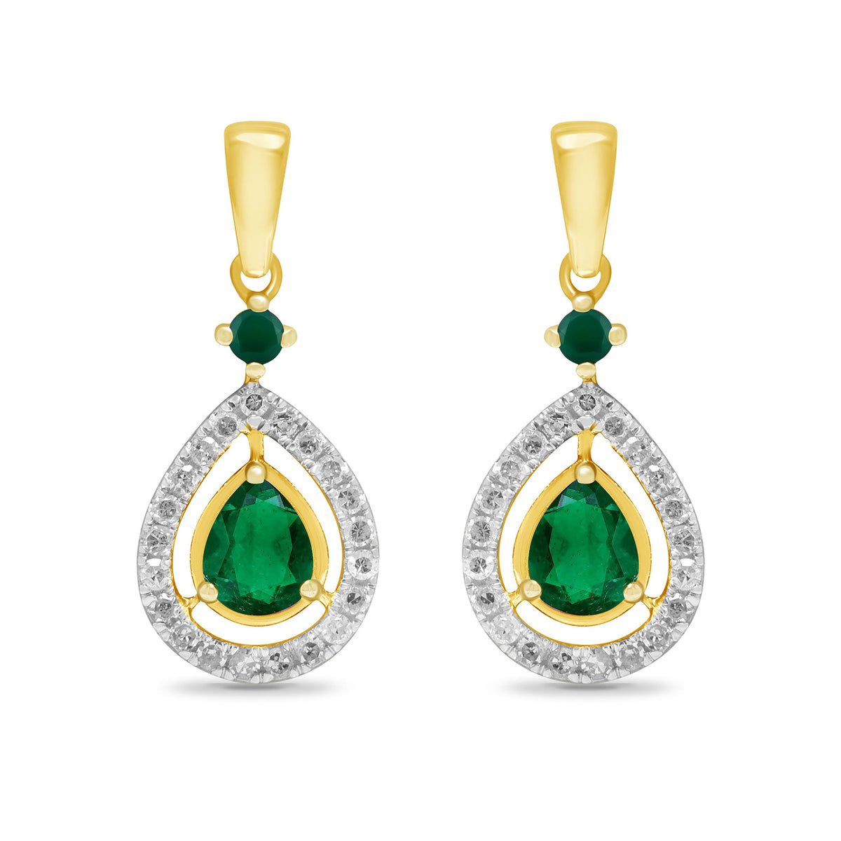 9ct gold 4x3mm pear shape emerald &amp; round emerald &amp; diamond drop earrings 0.14ct