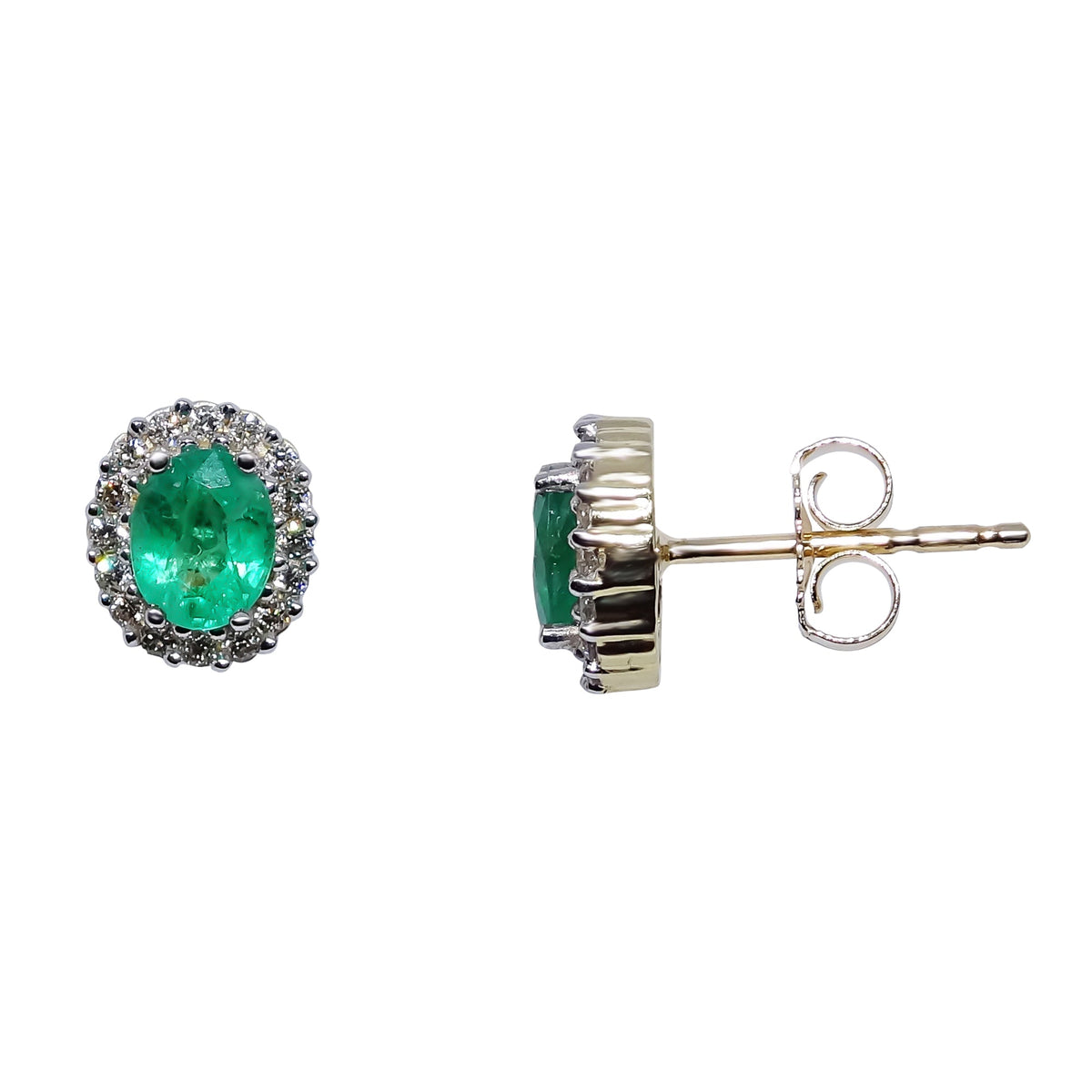 9ct gold 5x4mm oval emerald &amp; diamond cluster stud earrings 0.17ct