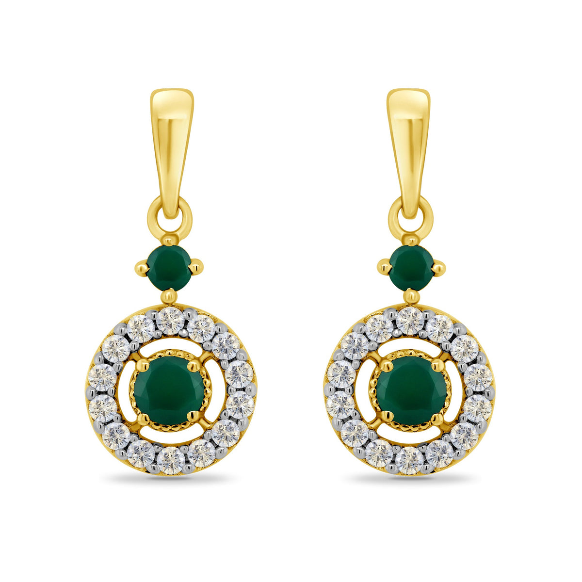 9ct gold 2.5mm &amp; 2mm round emerald &amp; diamond gap halo drop earrings 0.14ct