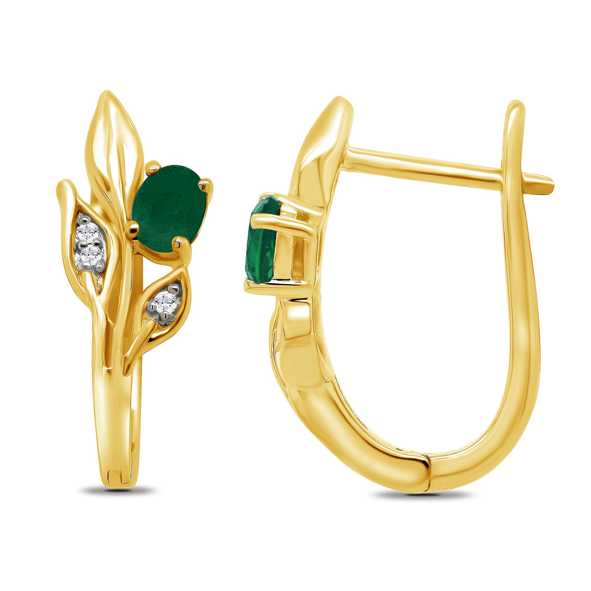 9ct gold 4x3mm oval emerald &amp; diamond set leaf huggy earrings 0.03ct