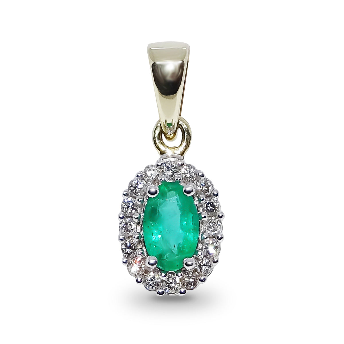 9ct gold 6x4mm oval emerald &amp; diamond cluster pendant 0.16ct
