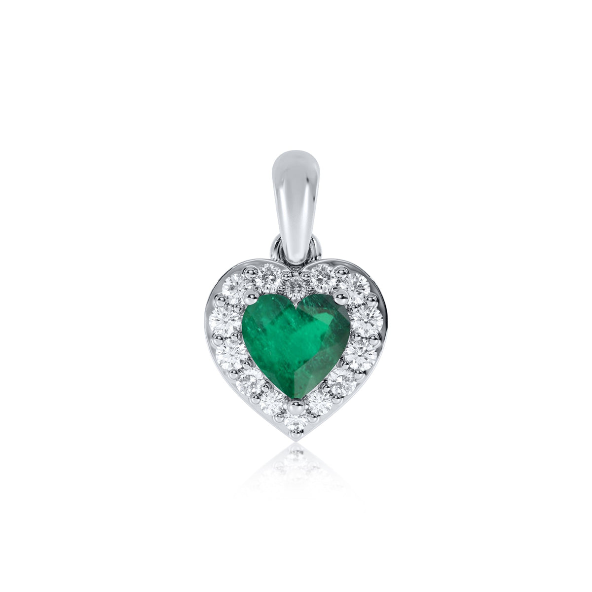 9ct white gold 5mm heart shape emerald &amp; diamond cluster pendant 0.13ct