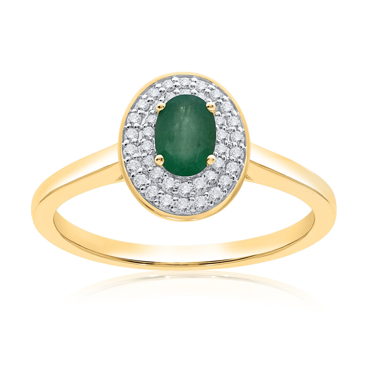 9ct gold 6x4mm oval emerald &amp; two row diamond cluster ring 0.20ct