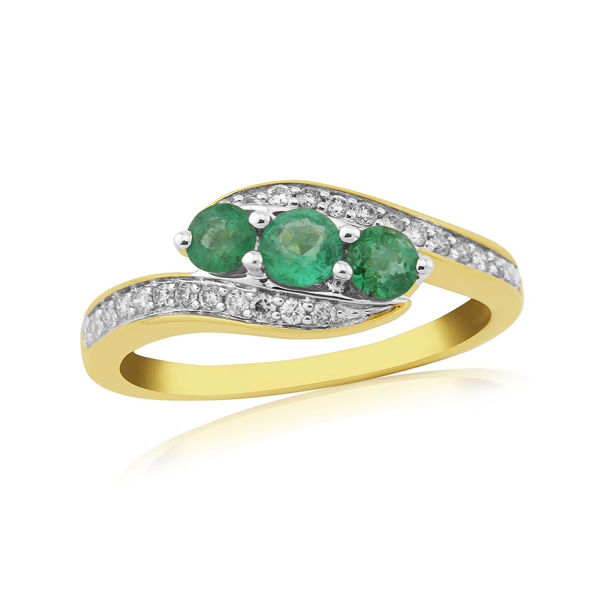 9ct gold three stone emerald ( 1 x 3.5mm &amp; 2 x 3.25mm) &amp; diamond cross-over ring 0.17ct