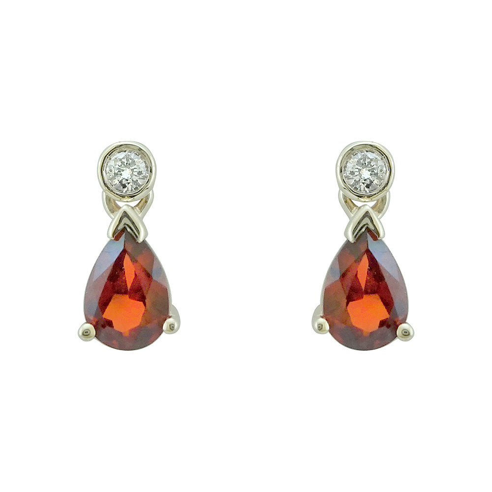 9ct gold 6x4mm pear shape garnet &amp; diamond earrings 0.08ct