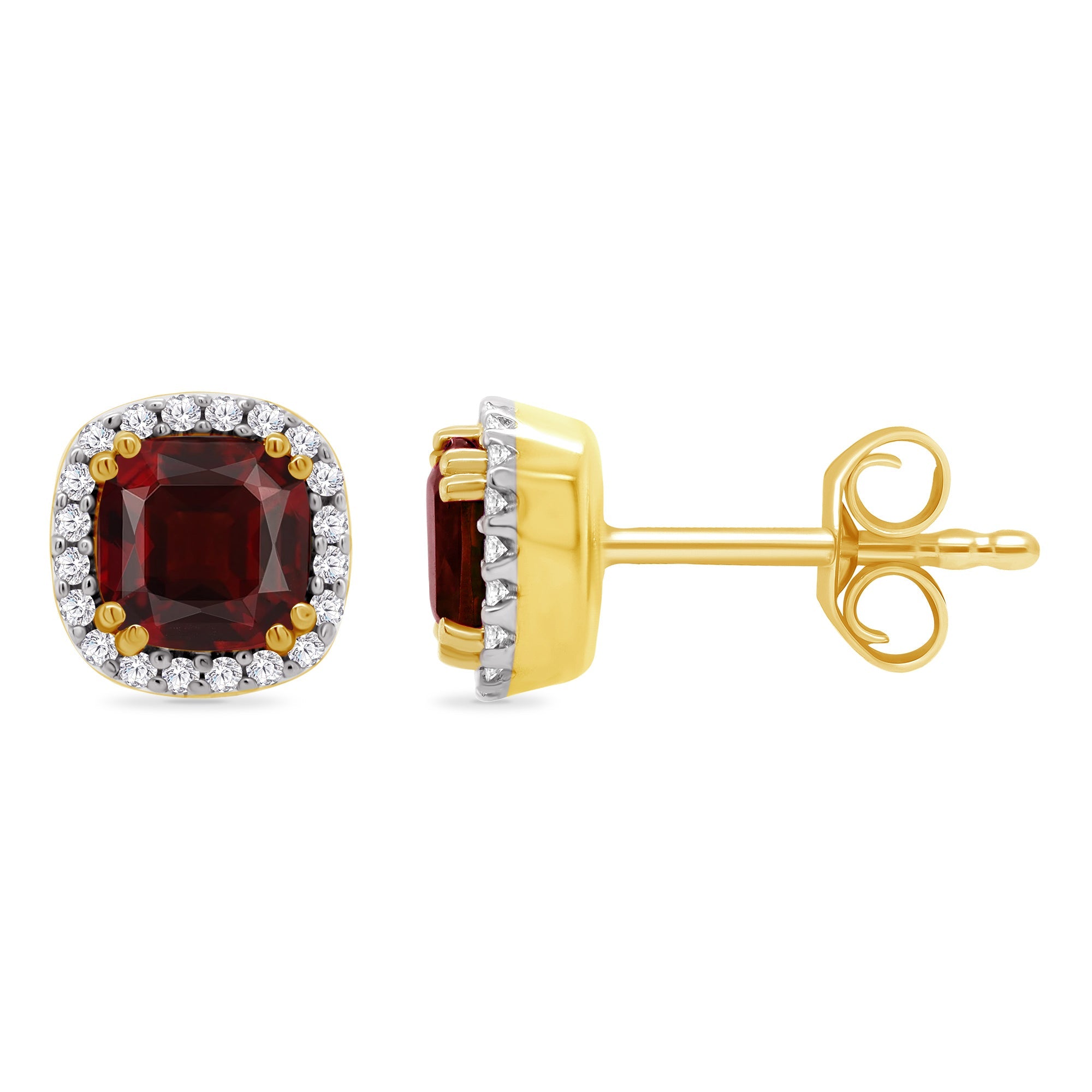 9ct gold 5.00mm cushion shape garnet & diamond set halo stud earrings 0.12ct