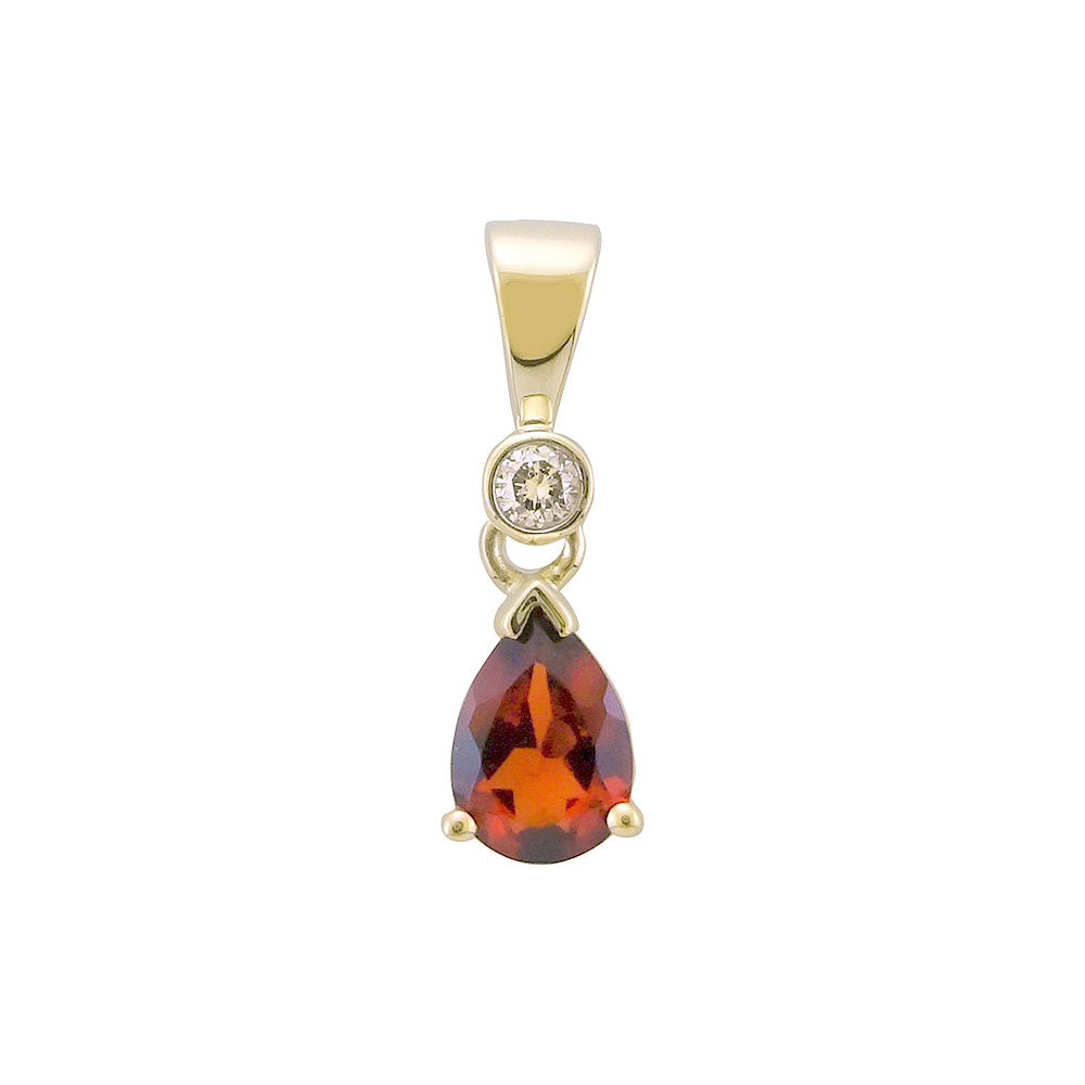 9ct gold 7x5mm pear shape garnet & diamond pendant 0.05ct