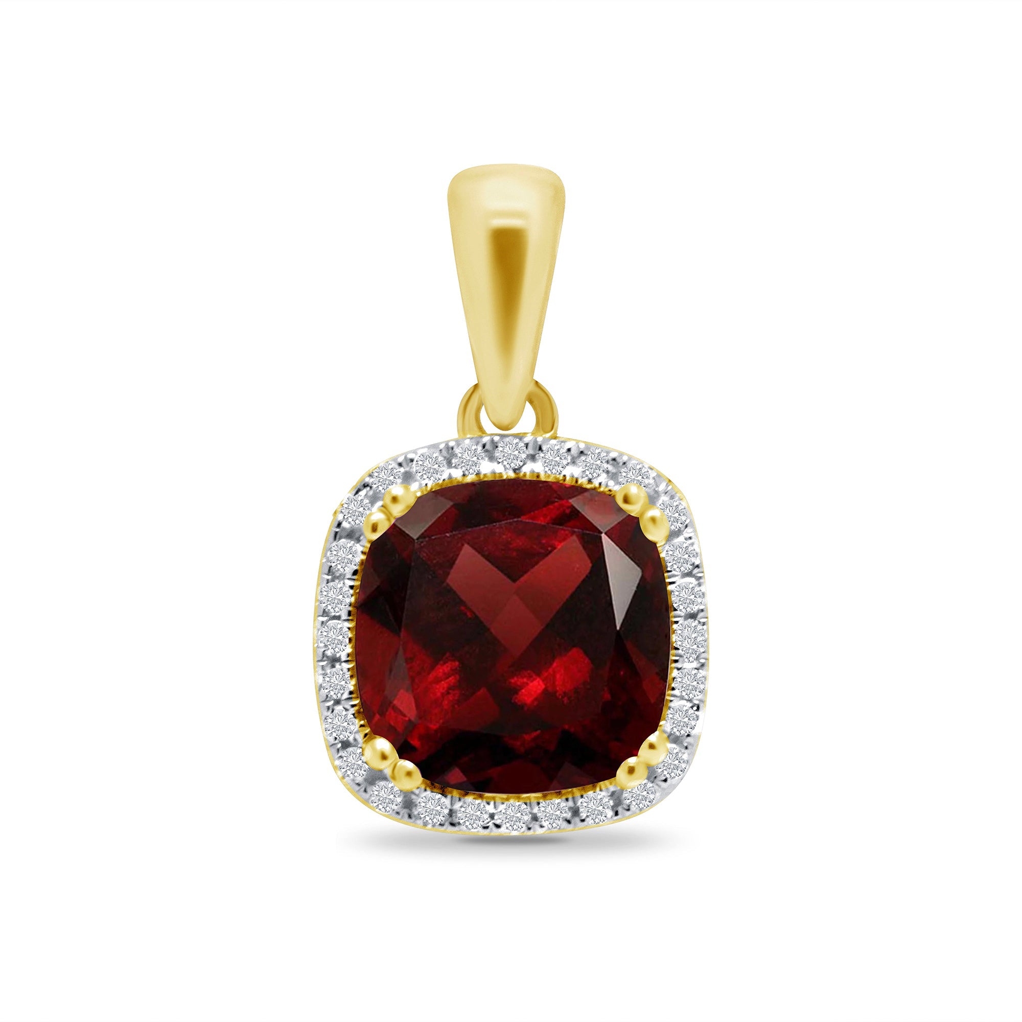 9ct gold 8.00mm cushion shape garnet & diamond set halo pendant 0.11ct