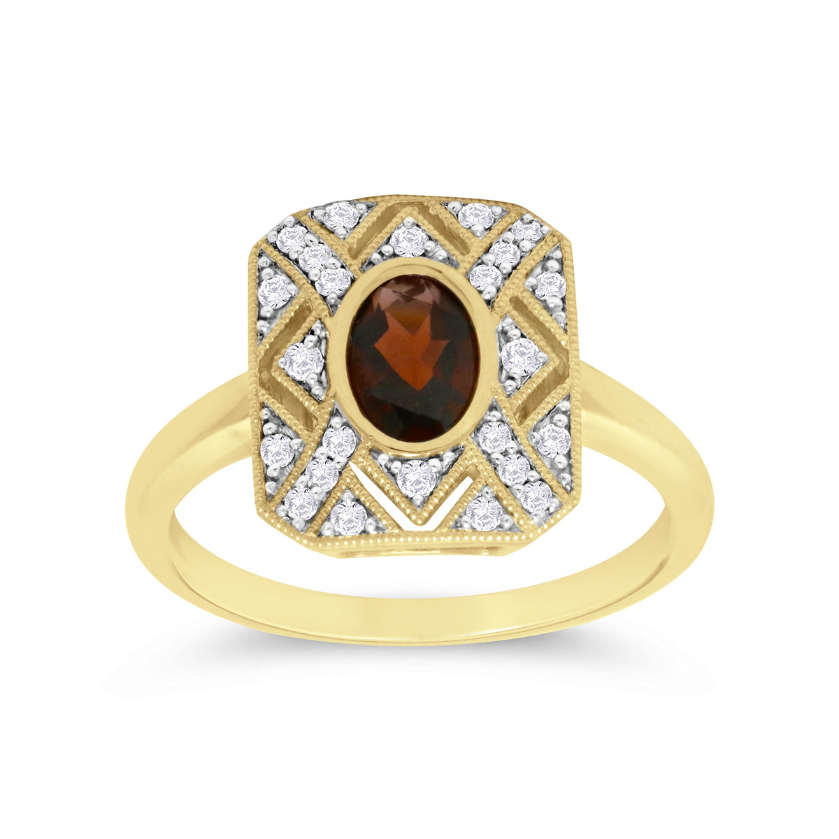 9ct gold 6x4mm oval garnet &amp; antique style diamond cluster ring 0.17ct