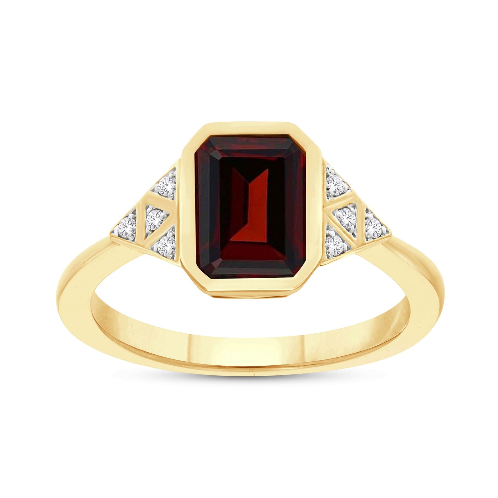 9ct gold 9x7mm octagon cut rubover set garnet & diamond ring 0.05ct