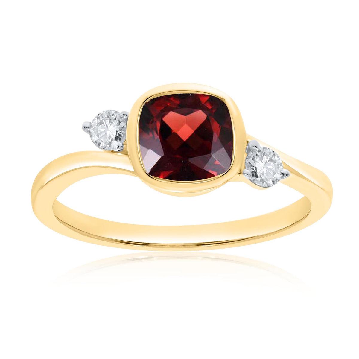 9ct gold 6mm cushion shape rub over set garnet &amp; diamond ring 0.14ct