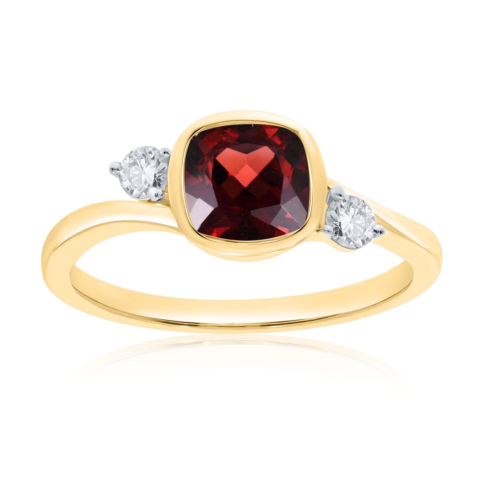 9ct gold 6mm cushion shape rub over set garnet & diamond ring 0.14ct