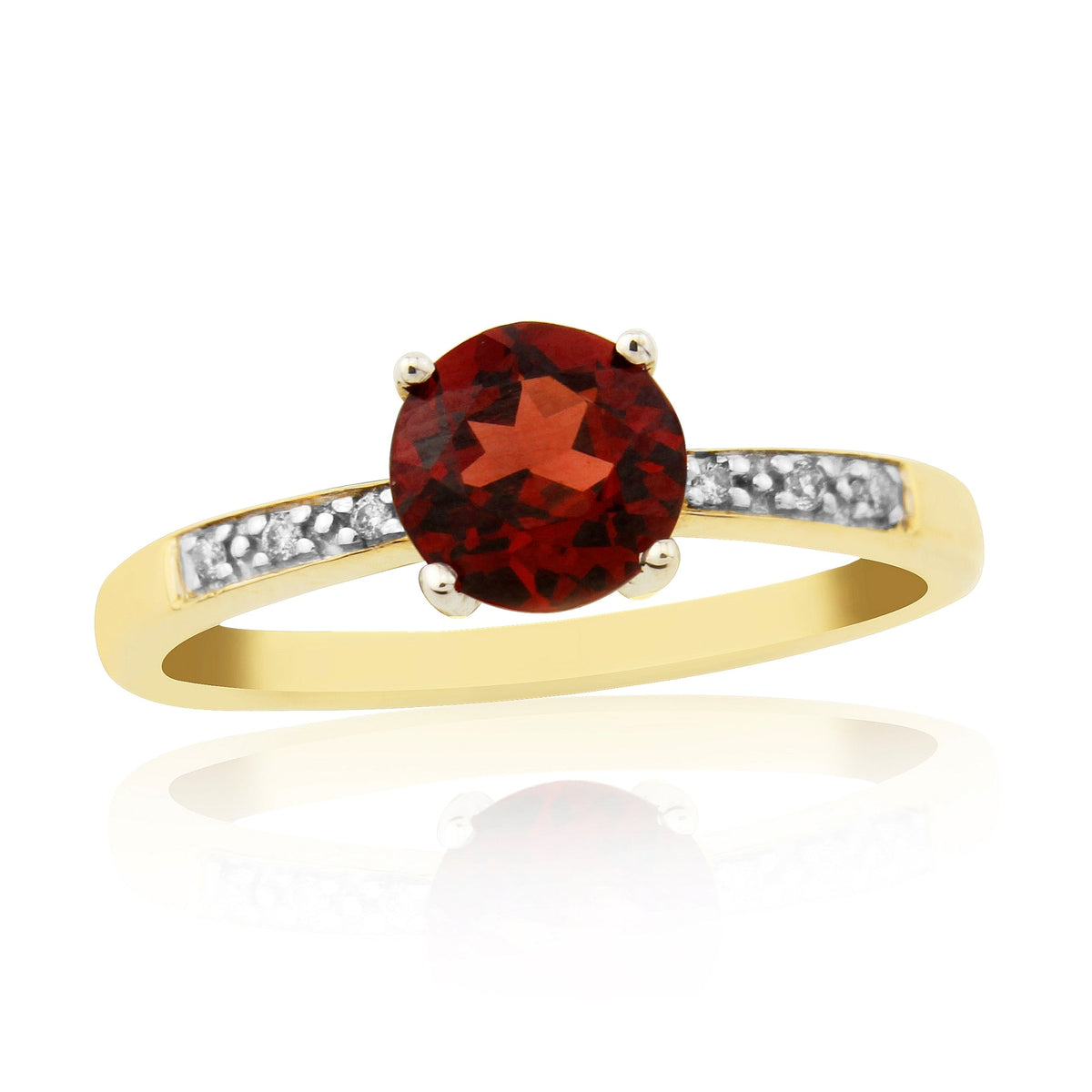 9ct gold 6mm round garnet &amp; diamond ring 0.03ct