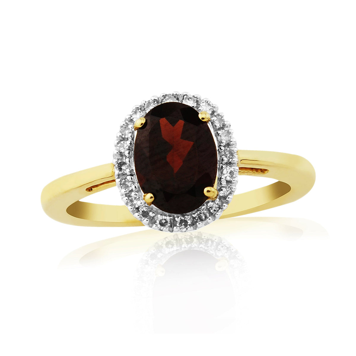 9ct gold 8x6mm oval garnet &amp; diamond cluster ring 0.08ct