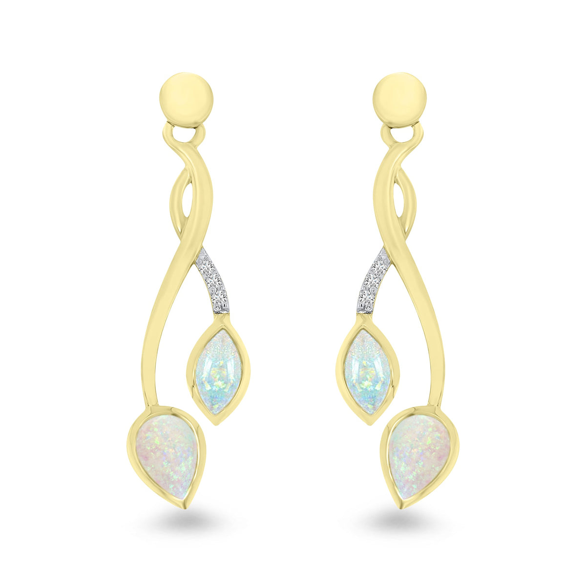 9ct gold marquise &amp; pear shape opal &amp; diamond set drop earrings 0.03ct