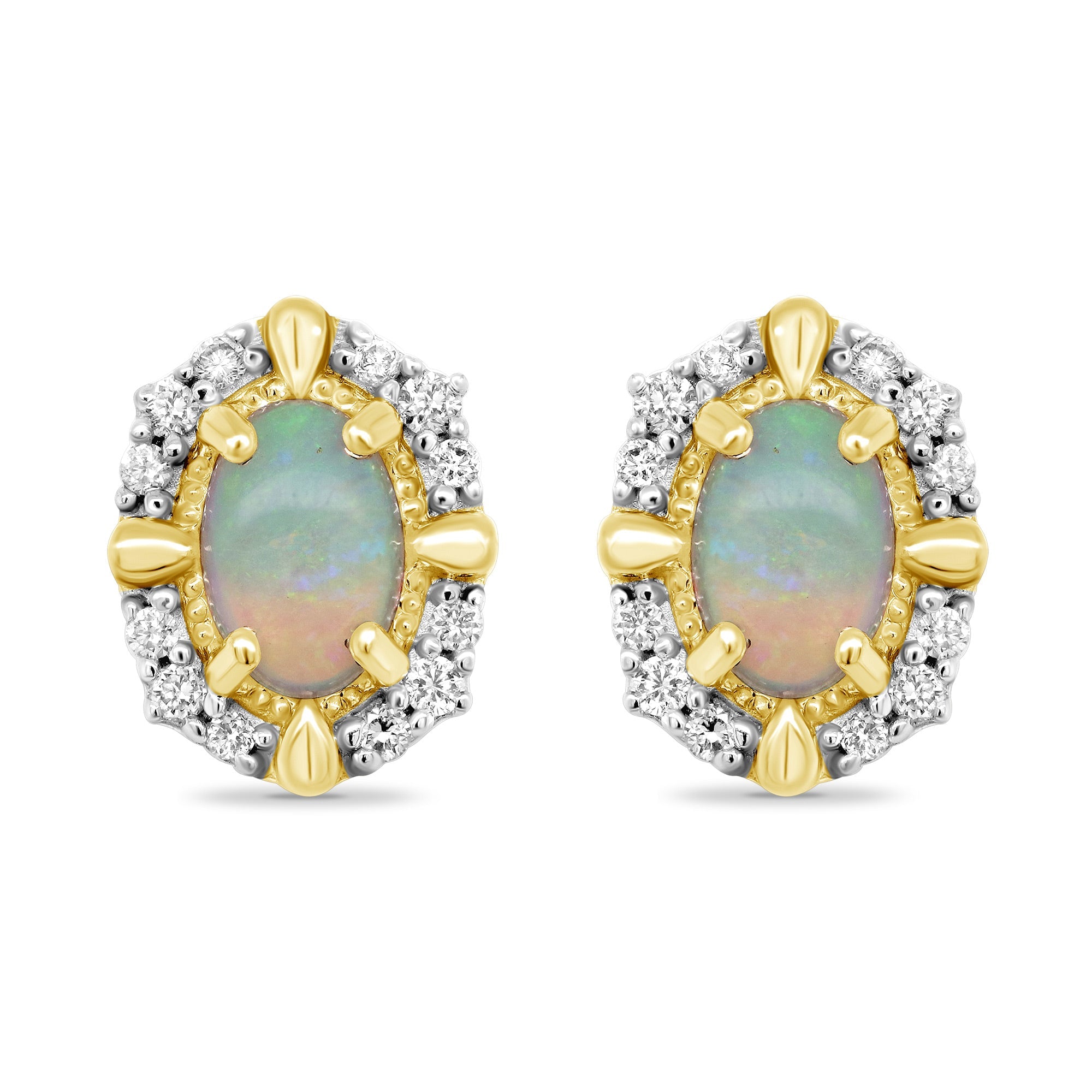 9ct gold 6x4mm oval opal & diamond cluster stud earrings 0.14ct