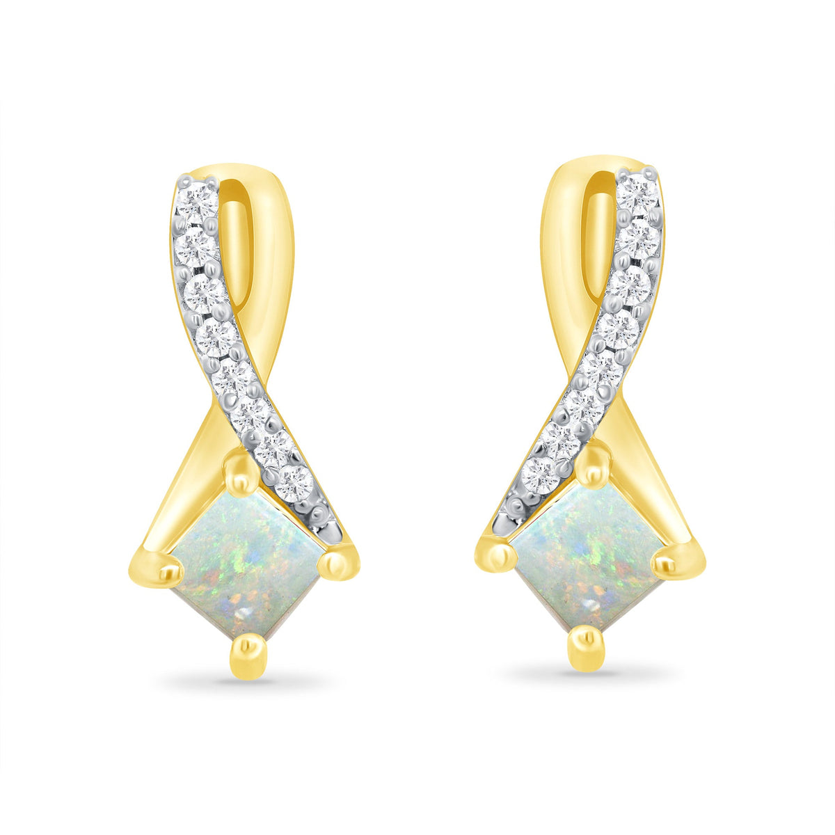 9ct gold 3.25mm square opal &amp; diamond stud earrings 0.06ct