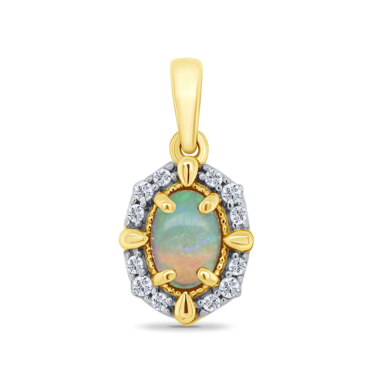 9ct gold 6x4mm oval opal &amp; diamond set pendant 0.10ct