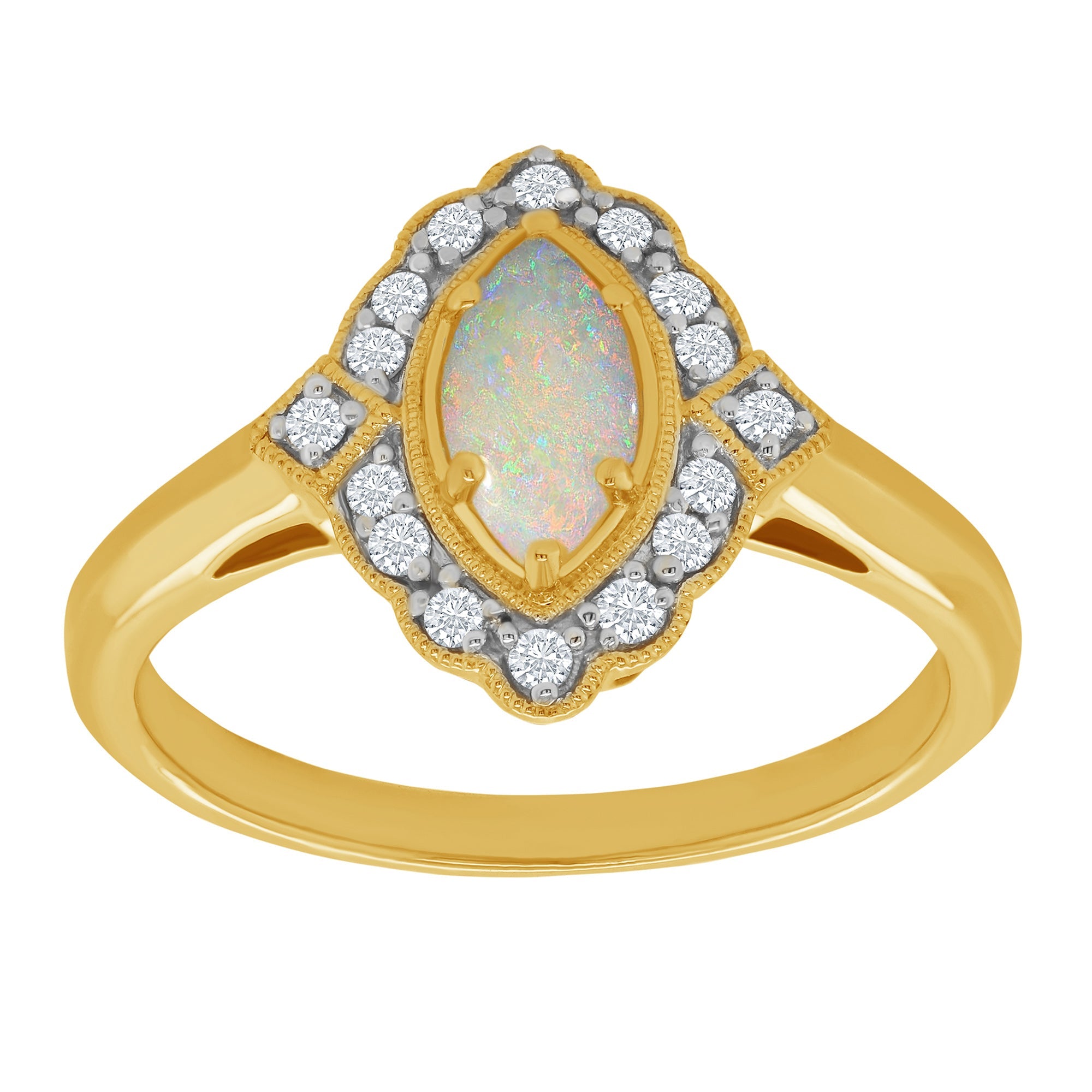 9ct gold 8x4mm marquise shape opal & diamond cluster ring 0.15ct