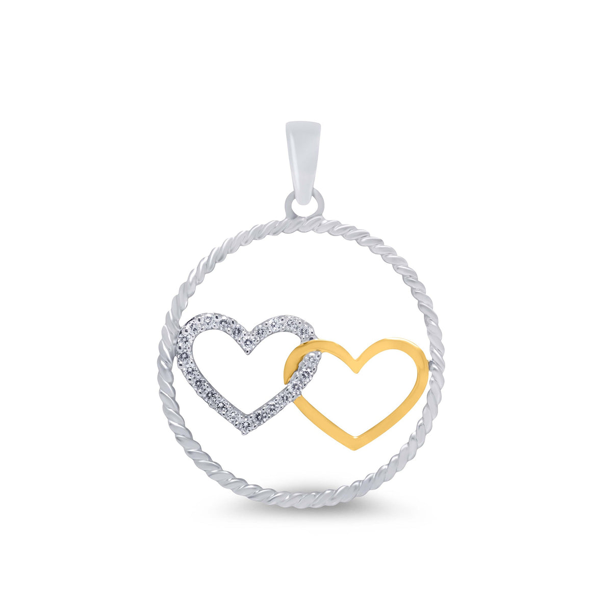 9ct white gold 20mm twisted wire circle diamond set pendant with entwined hearts 0.09ct