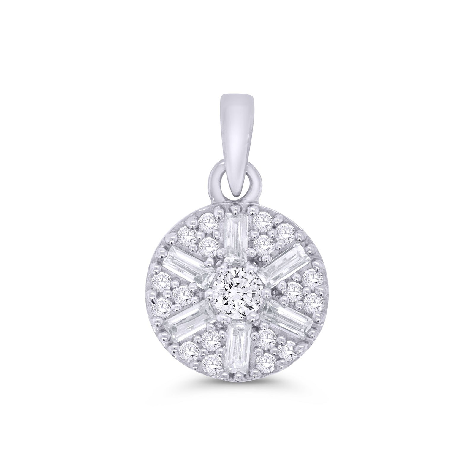 9ct white gold brilliant & baguette cut round diamond pendant  0.40ct