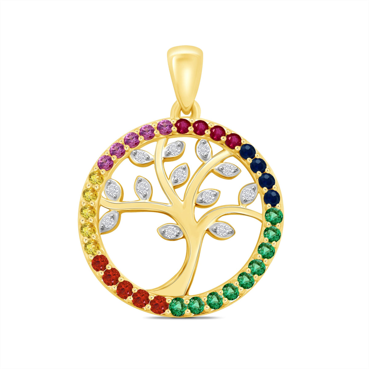 9ct multi gem &amp; diamond set tree of life pendant 0.05ct