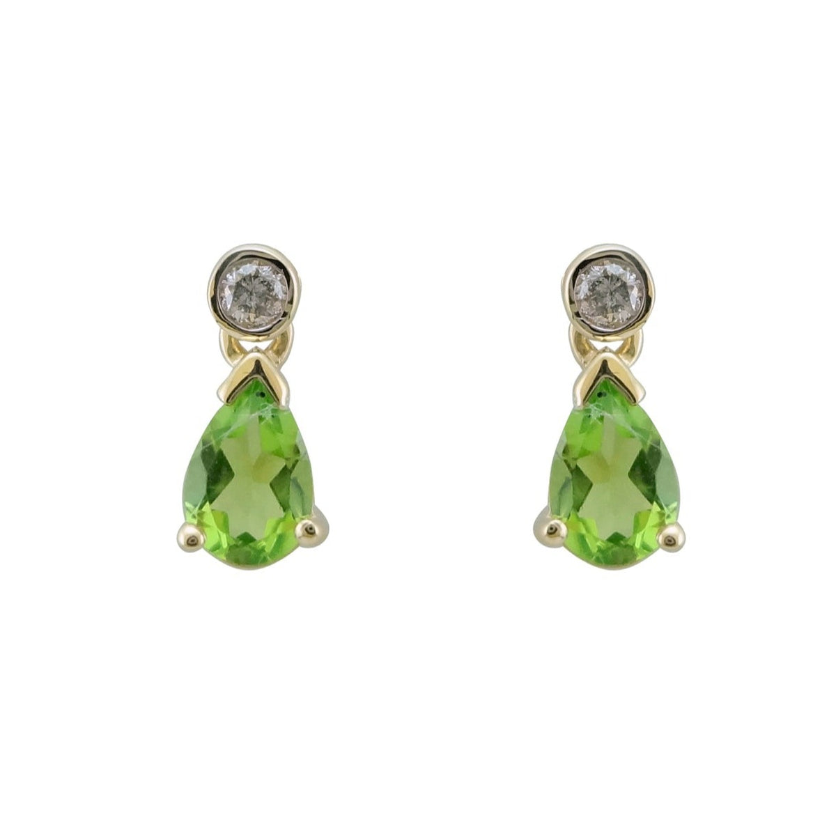 9ct gold 6x4mm pear shape peridot &amp; diamond stud earrings 0.08ct