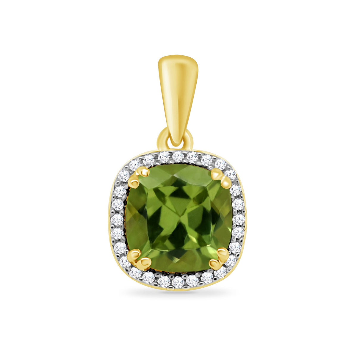 9ct gold 8.00mm cushion shape peridot &amp; diamond set halo pendant 0.11ct