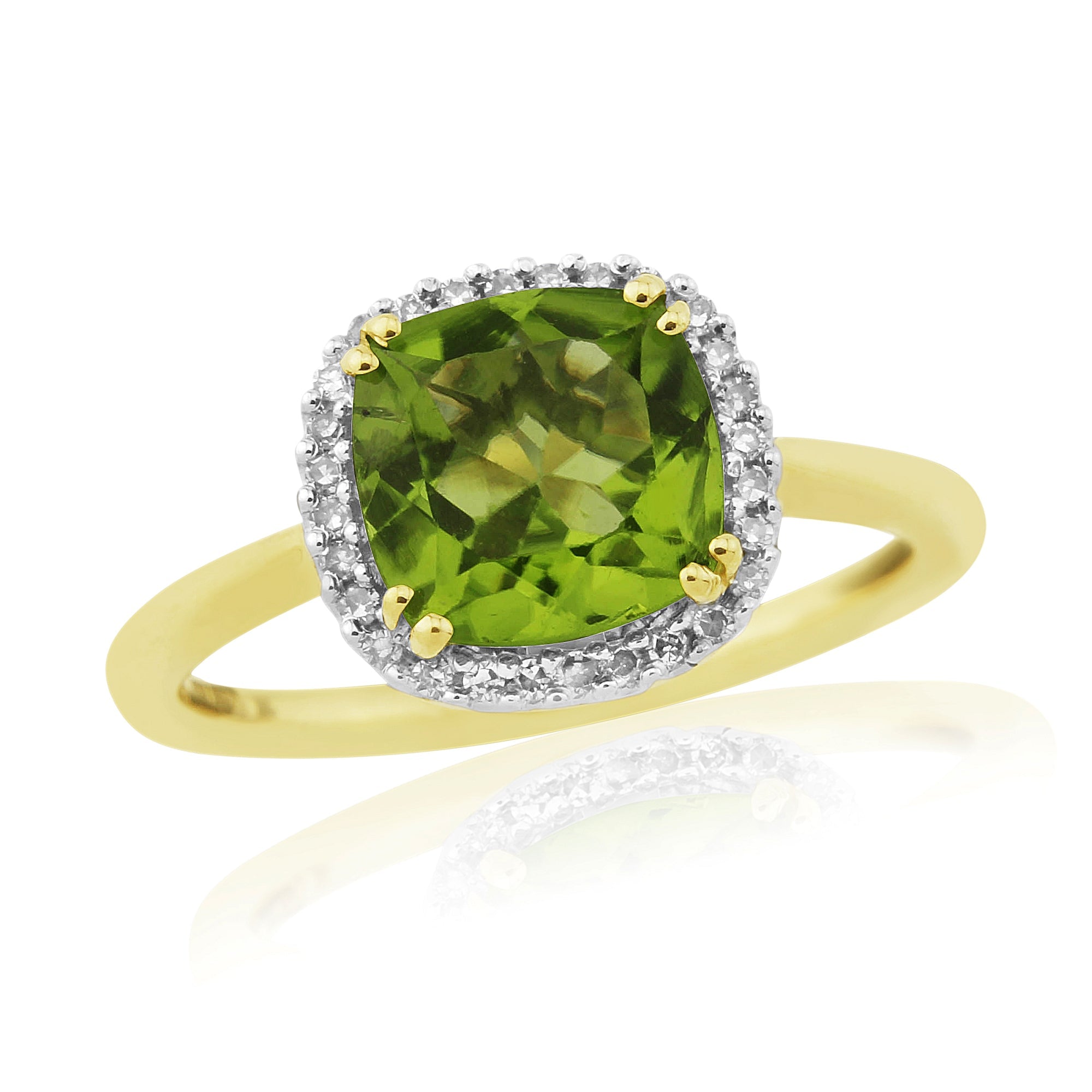 9ct gold 8.00mm cushion shape peridot & diamond cluster ring 0.10ct