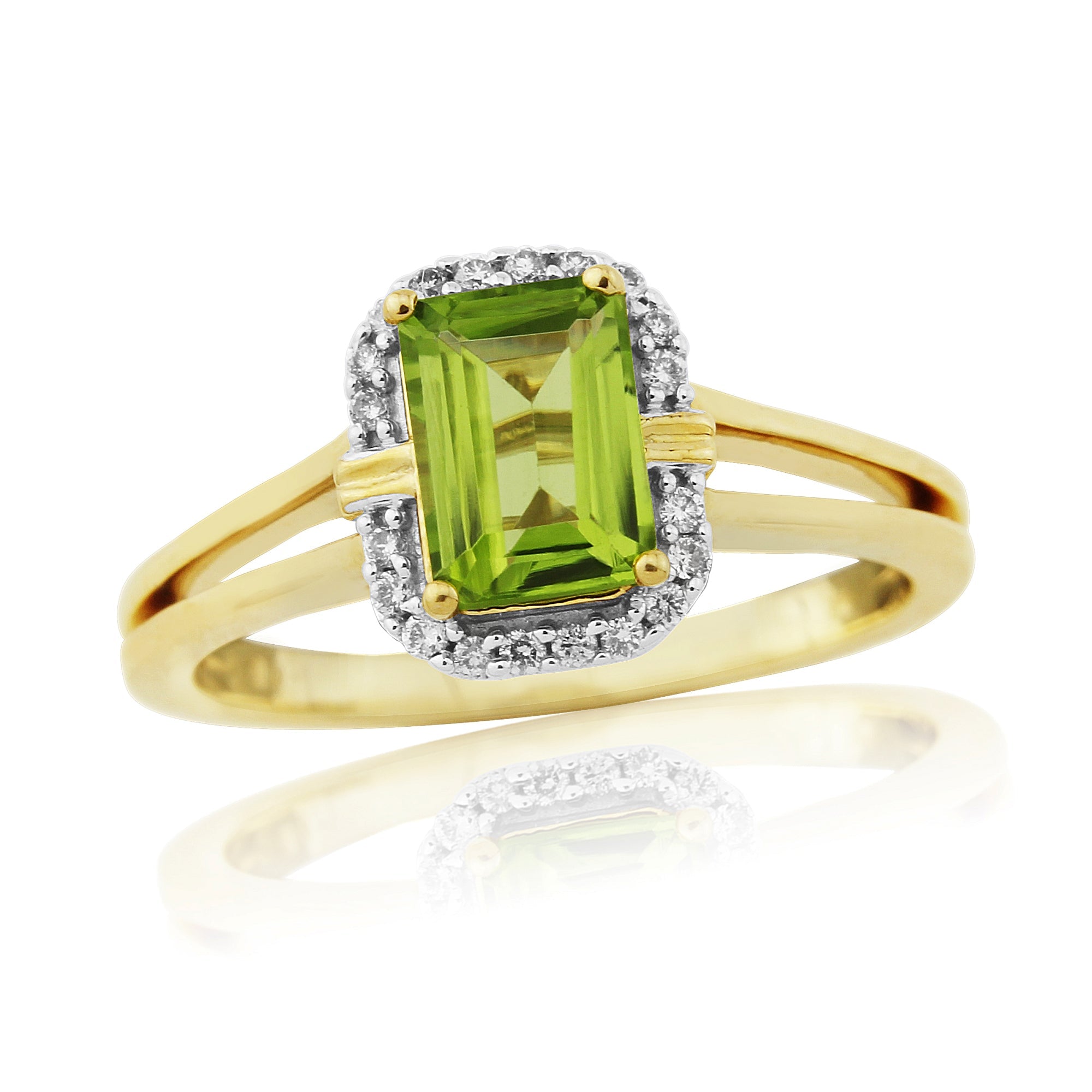 9ct gold 7x5mm octagon cut peridot & diamond cluster ring 0.08ct