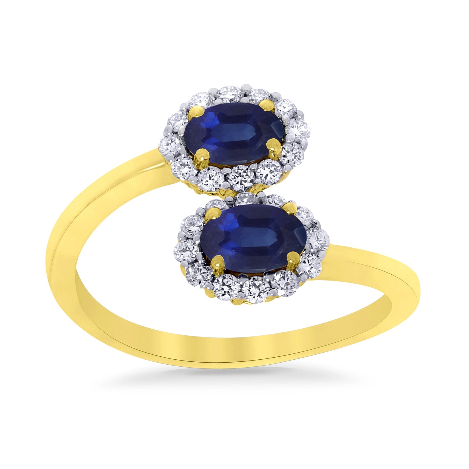 9ct gold double 5x3mm oval sapphire & diamond crossover cluster ring 0.14ct