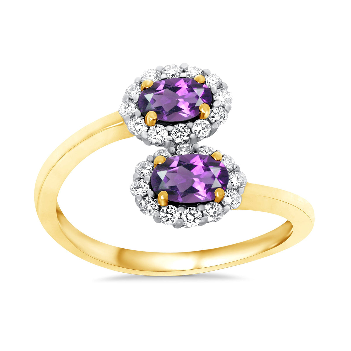 9ct gold double 5x3mm oval amethyst &amp; diamond crossover cluster ring 0.14ct