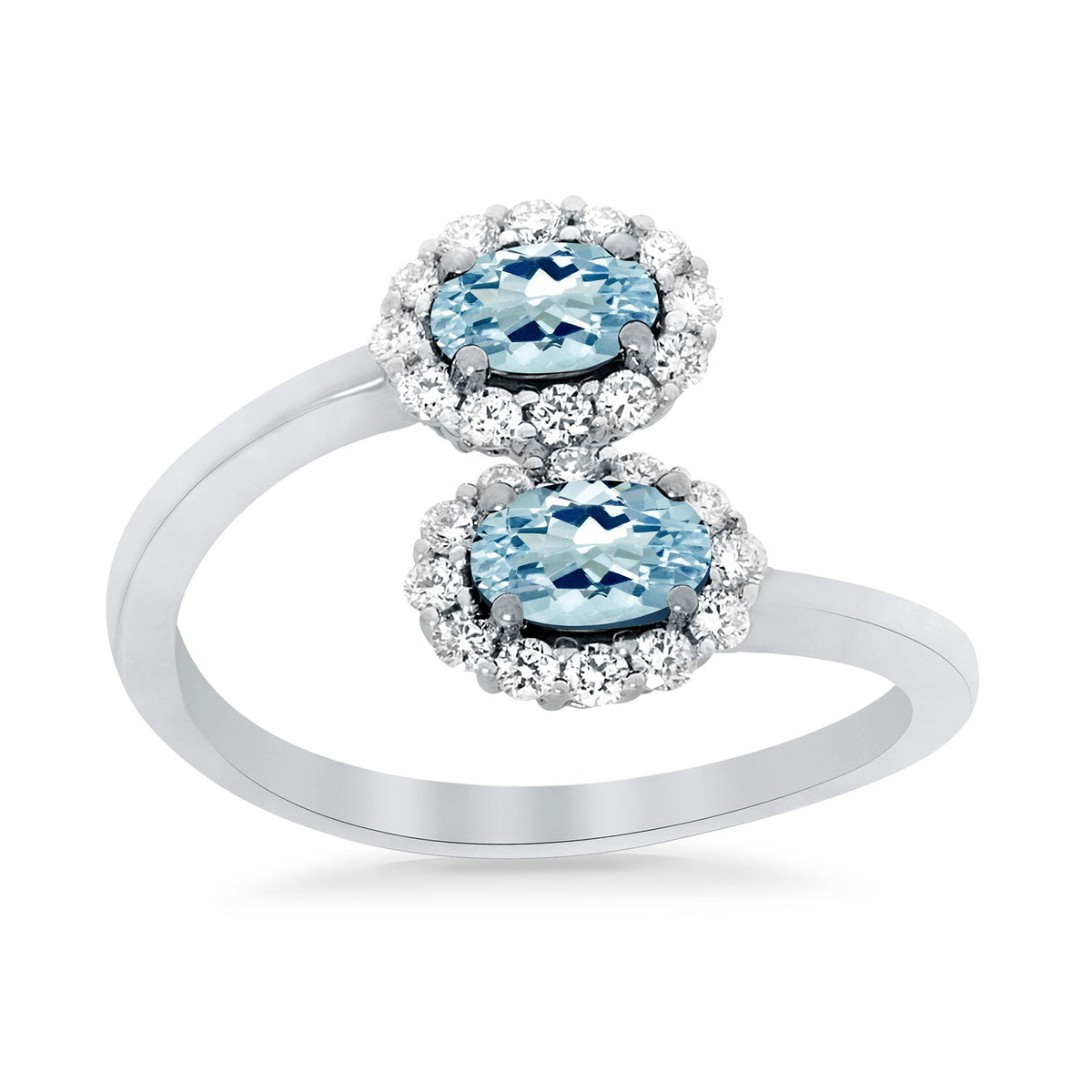 9ct white gold double 5x3mm oval aquamarine &amp; diamond crossover cluster ring 0.14ct