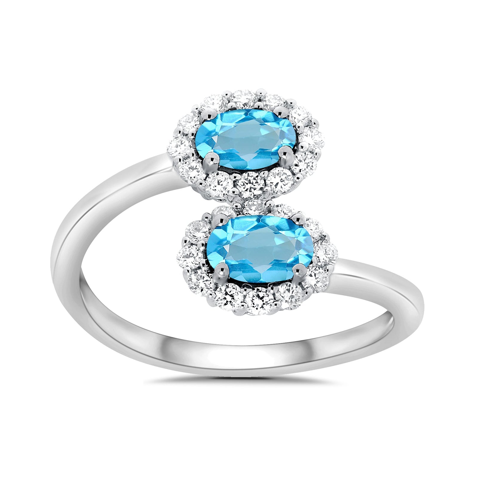9ct white gold double 5x3mm oval blue topaz & diamond crossover cluster ring 0.14ct