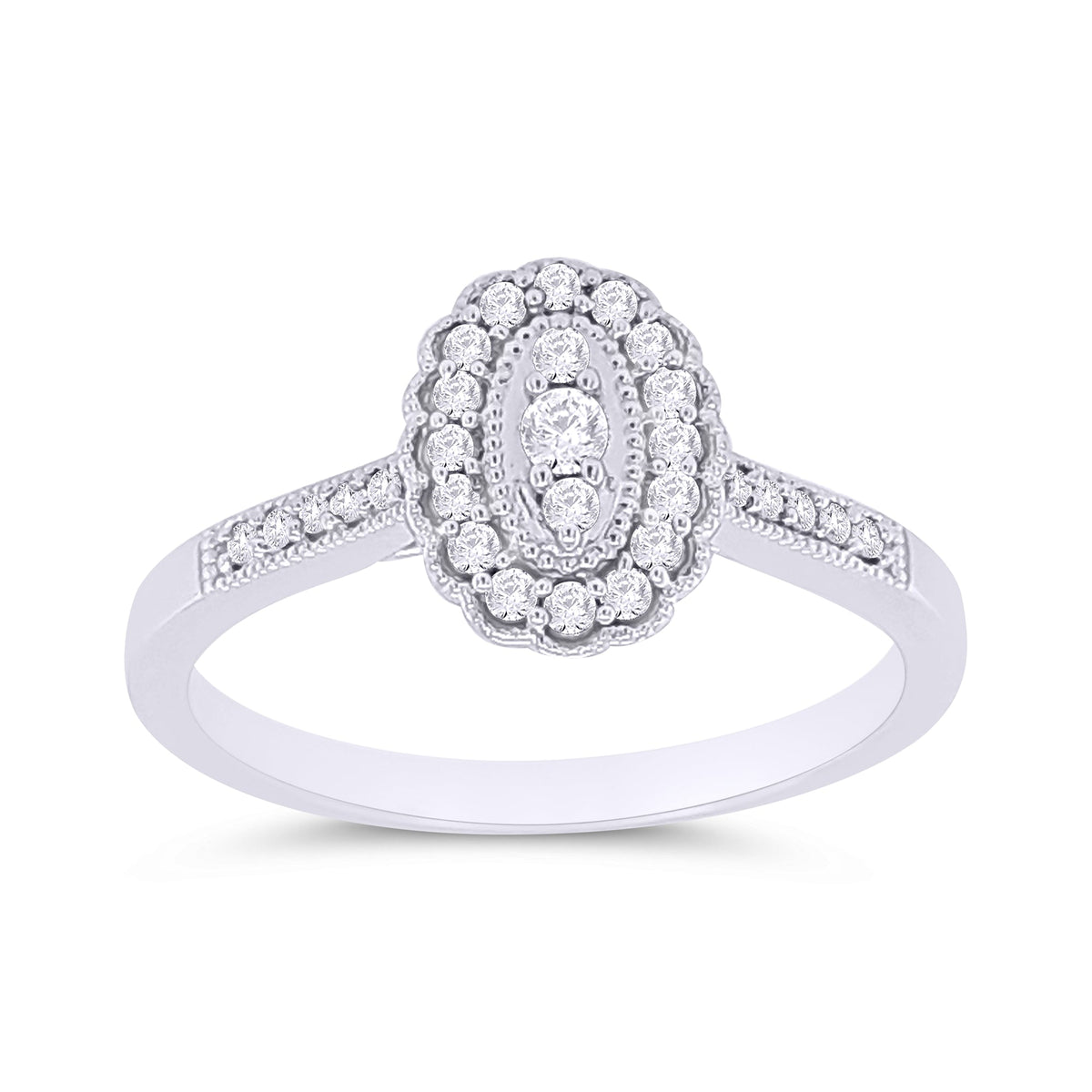 9ct w/g gold oval diamond cluster ring with diamond set shoulders 0.20ct