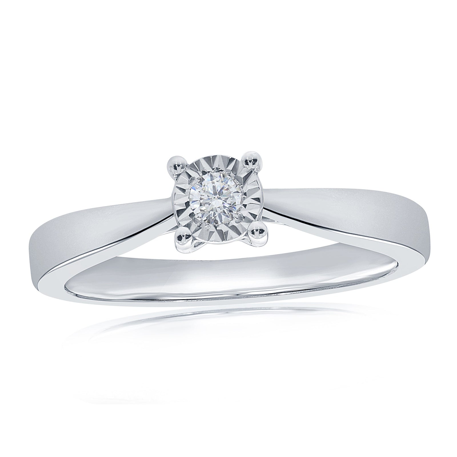 9ct white gold single stone miracle plate diamond ring 0.10ct