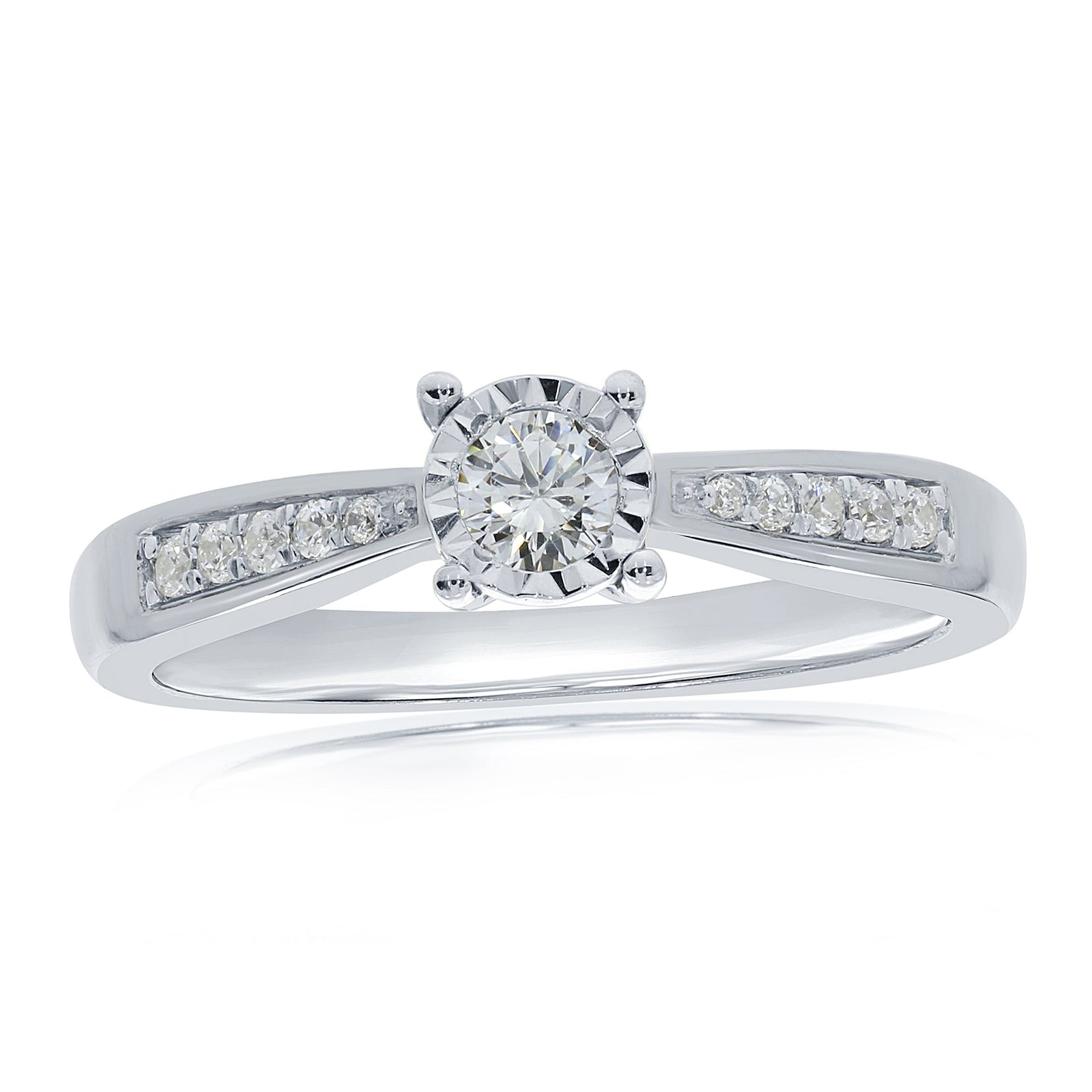 9ct white gold single stone miracle plate diamond ring with diamond set shoulders 0.26ct