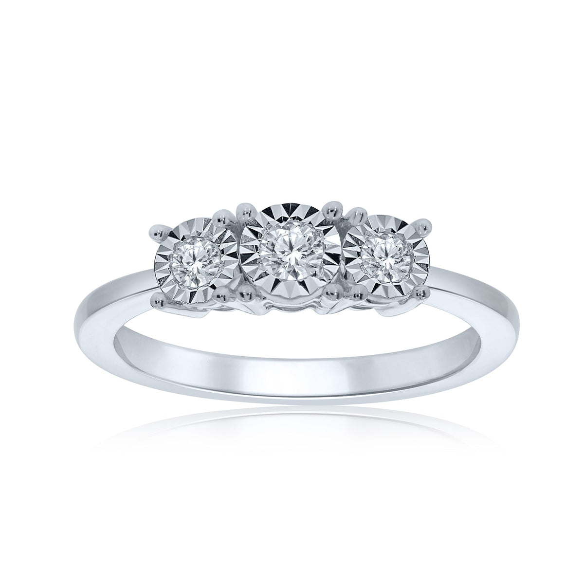 9ct white gold 3 stone miracle plate diamond ring 0.15ct
