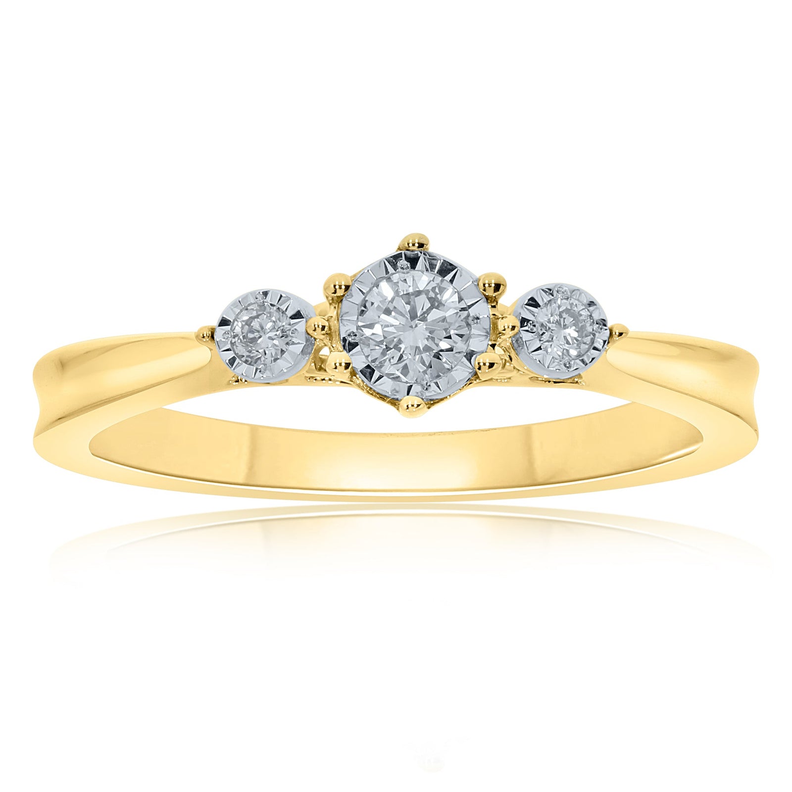 9ct gold 3 stone miracle plate diamond ring 0.15ct