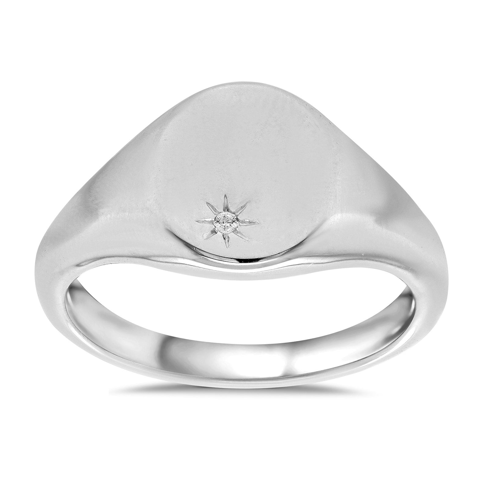 9ct white gold diamond set oval ladies signet ring 0.01ct