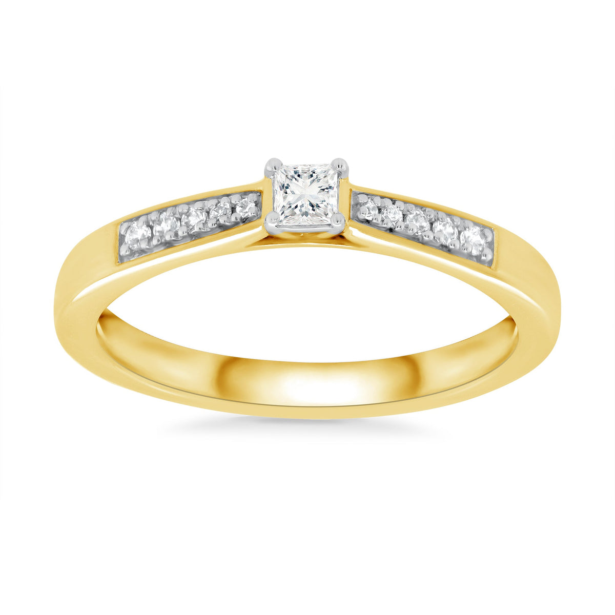 9ct gold princess cut single stone diamond ring with diamond set shoulders 0.16ct