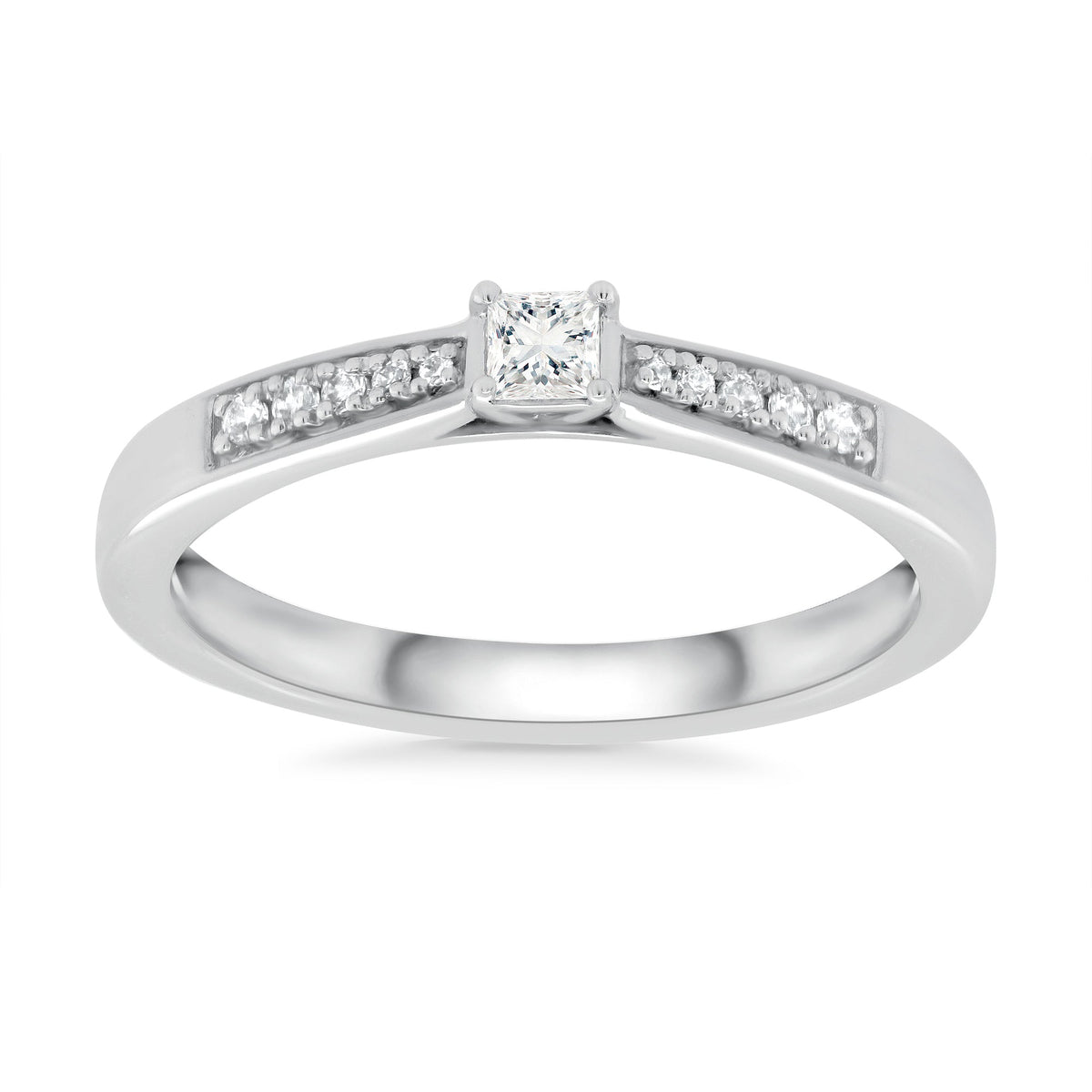 9ct white gold princess cut single stone diamond ring with diamond set shoulders 0.16ct