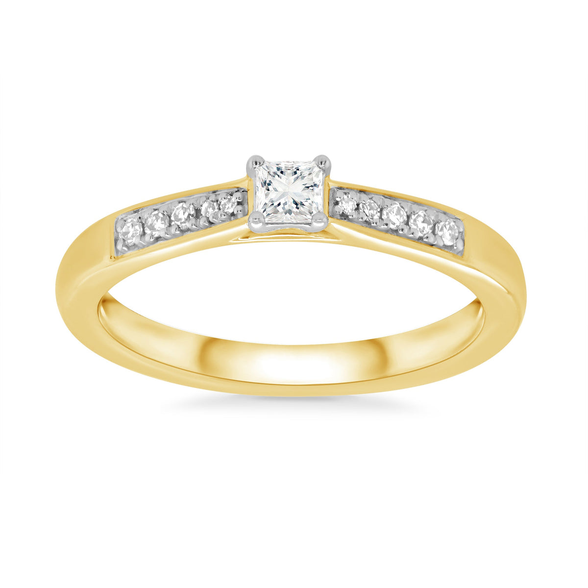 9ct gold princess cut single stone diamond ring with diamond set shoulders 0.21ct