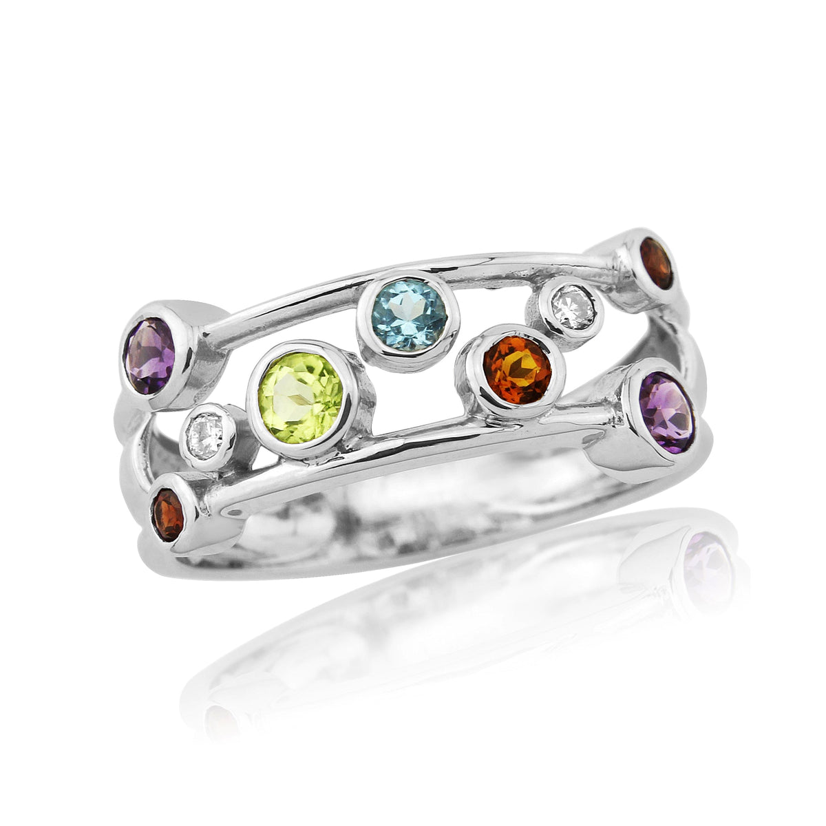 9ct white gold multi gem &amp; diamond ring 0.04ct