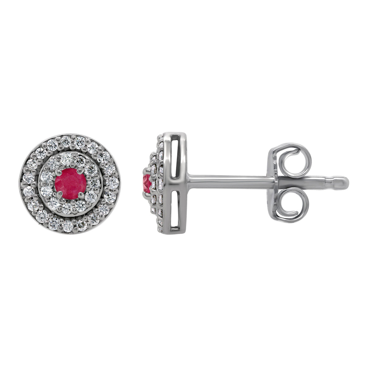 9ct white gold 2.50mm ruby &amp; two row diamond halo cluster stud earrings 0.23ct