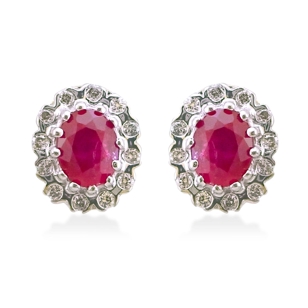 9ct gold 5x3mm oval ruby &amp; diamond cluster studs 0.12ct