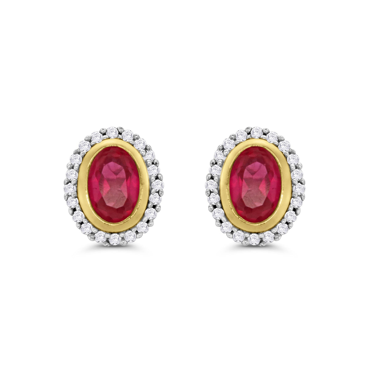 9ct gold 6x4mm rub over set ruby &amp; diamond cluster stud earrings 0.20ct