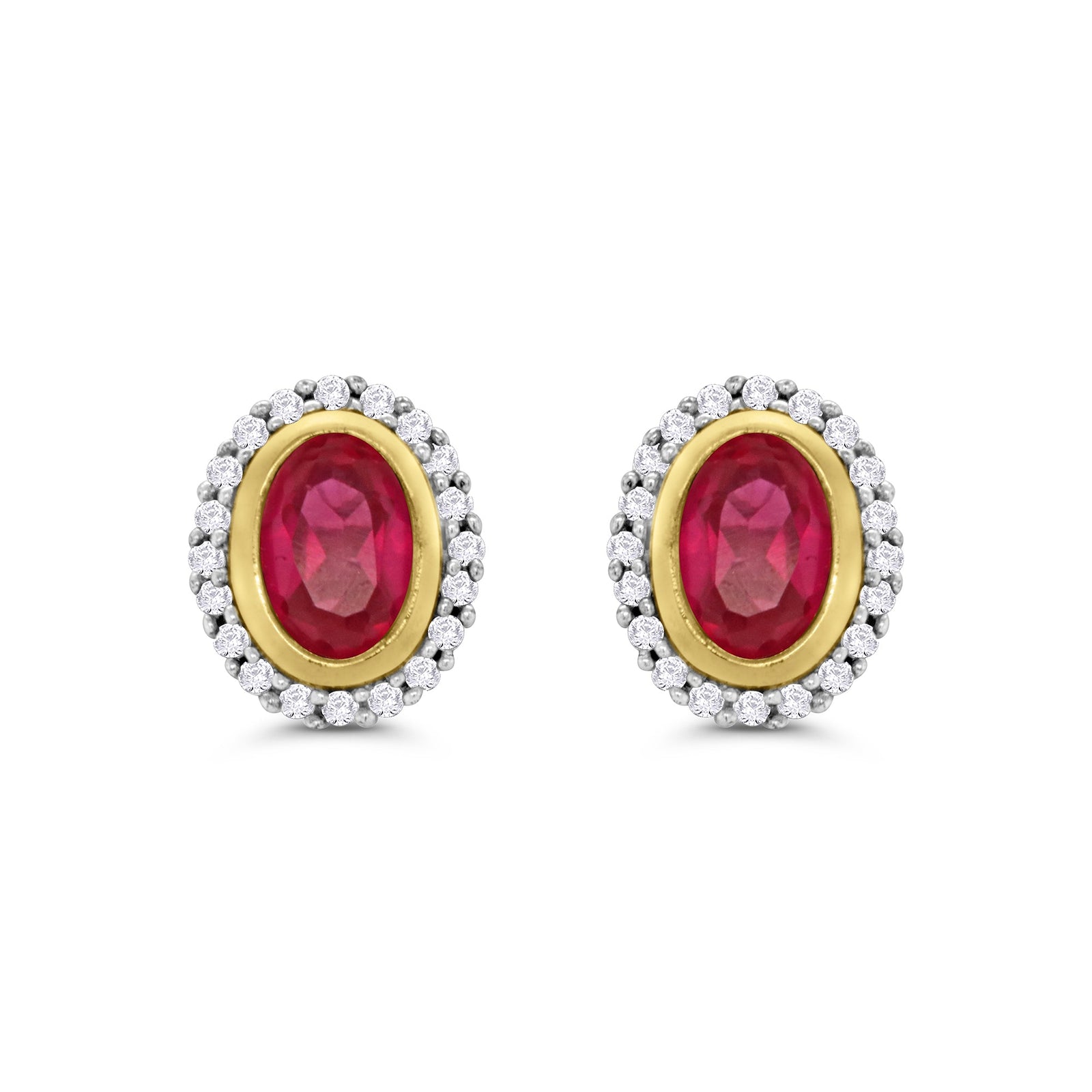 9ct gold 6x4mm rub over set ruby & diamond cluster stud earrings 0.20ct